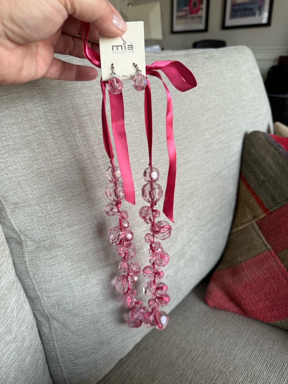 MIA Hot Pink Faceted Bead Ribbon Necklace with Matching Earrings